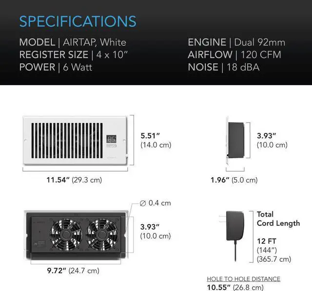 Alt view image 6 of 7 - AIRTAP T4, Quiet Register Booster Fan, Heating / Cooling 4 x 10 Registers White