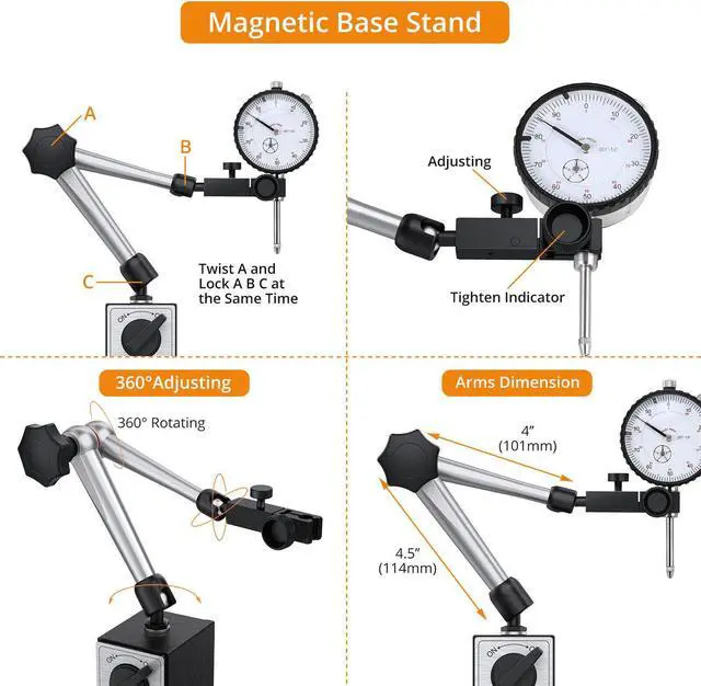Alt view image 5 of 7 - Dial Indicator Magnetic Base Holder Stand 0-1 inch Test Gauge Tool Kit