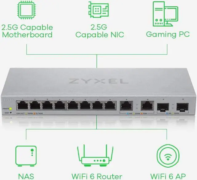 Alt view image 5 of 6 - Zyxel 12-Port Multi-Gigabit Ethernet Web Managed Switch | 2 x 2.5G | 2 x 10G SFP+ Fiber | 8 x GbE Ports | Plug & Play | Desktop or Wall-Mount | Ethernet Splitter | Lifetime Warranty | XGS1210-12