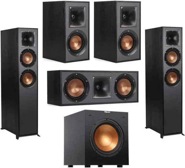 Main image of Klipsch Reference R-625FA 5.1 Home Theater Pack, Black Textured Wood Grain Vinyl