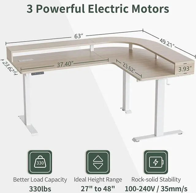 Alt view image 3 of 7 - Triple Motor L Shaped Stadning Desk with LED Strip & Power Outrlets,63 inches Height Adjustable Stand up Corner Desk with Ergonomic Monitor Stand, White Frame/Light Walnut Top