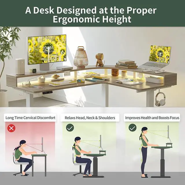 Alt view image 6 of 7 - Triple Motor L Shaped Stadning Desk with LED Strip & Power Outrlets,63 inches Height Adjustable Stand up Corner Desk with Ergonomic Monitor Stand, White Frame/Light Walnut Top