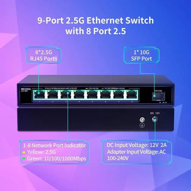 Alt view image 2 of 7 - NICGIGA 8 Port 2.5G Ethernet Switch with 10G SFP Uplink, Unmanaged 2.5Gb Network Switch, Plug & Play, Desktop/Wall-Mount, Fanless Metal Design.