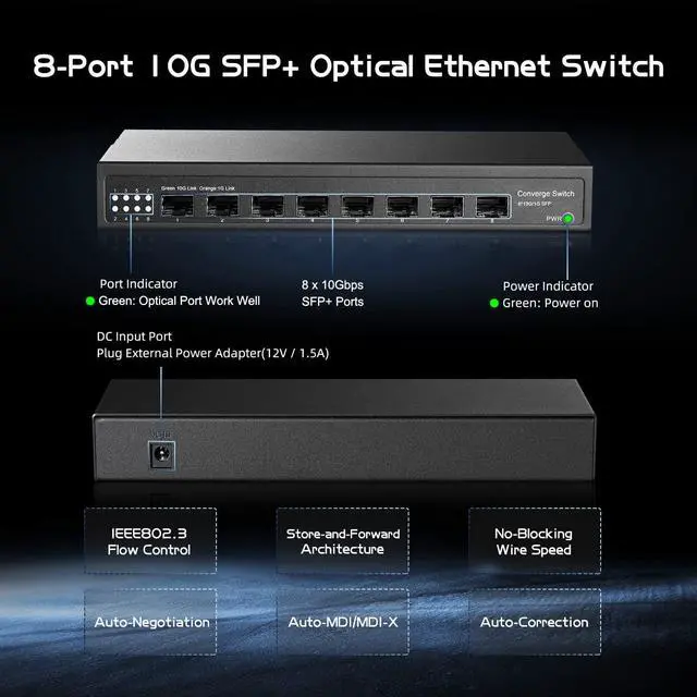 Alt view image 3 of 7 - 8 Port 10 Gigabit SFP Switch, Support 1G SFP and 10G SFP+ Module, 160Gbps Bandwidth, Metal Fanless Unmanaged Fiber Network Switch