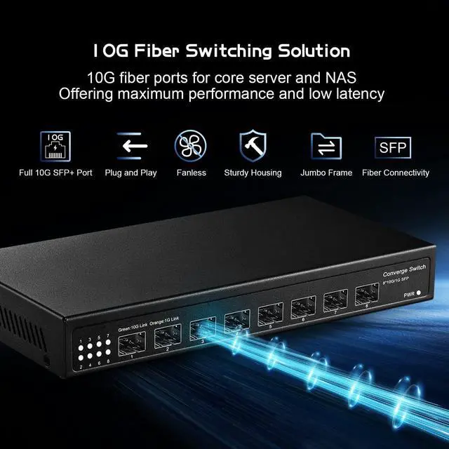 Alt view image 2 of 7 - 8 Port 10 Gigabit SFP Switch, Support 1G SFP and 10G SFP+ Module, 160Gbps Bandwidth, Metal Fanless Unmanaged Fiber Network Switch