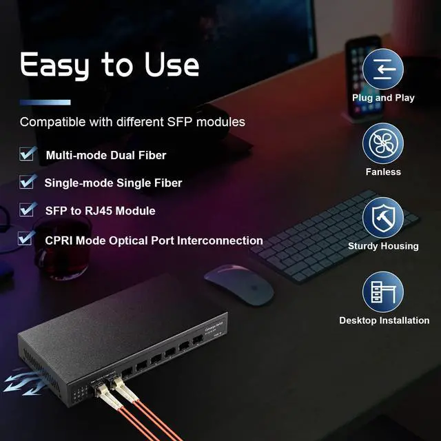 Alt view image 6 of 7 - 8 Port 10 Gigabit SFP Switch, Support 1G SFP and 10G SFP+ Module, 160Gbps Bandwidth, Metal Fanless Unmanaged Fiber Network Switch