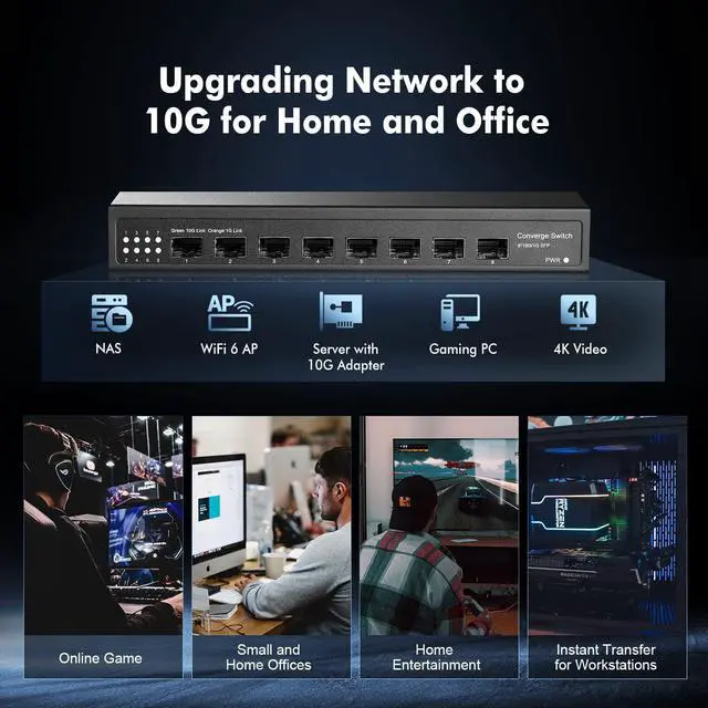 Alt view image 7 of 7 - 8 Port 10 Gigabit SFP Switch, Support 1G SFP and 10G SFP+ Module, 160Gbps Bandwidth, Metal Fanless Unmanaged Fiber Network Switch