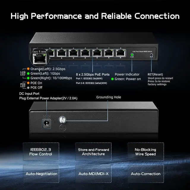 Alt view image 5 of 7 - 8 Port 2.5G PoE Switch Web Managed, 8 x 2.5 Gigabit RJ-45 Base-T Ports, IEEE802.3af/at, 120W Power Supply, Multi-Gigabit Desktop Ethernet Switch