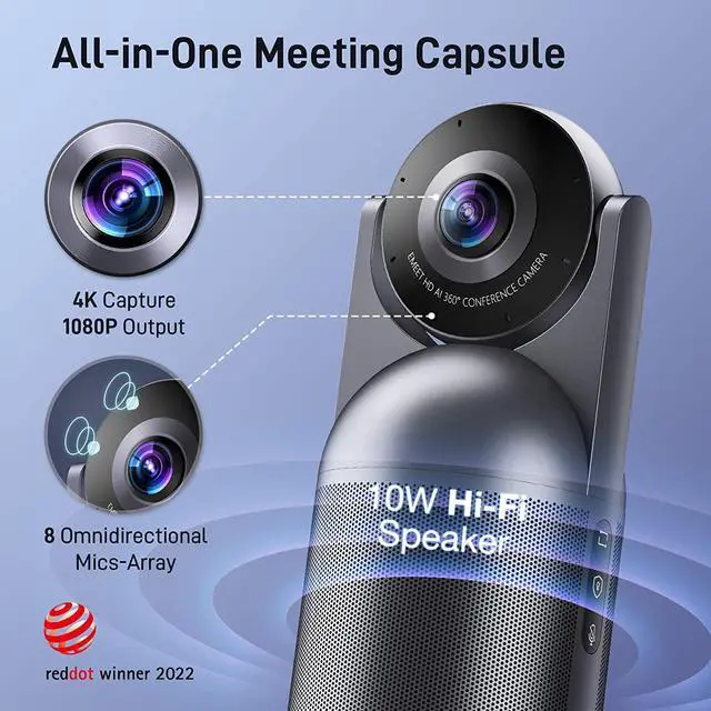 Alt view image 2 of 7 - EMEET Meeting Capsule, 4K Captured 1080P Output 360° Conference Room Webcam 8 Mics and 10W Speaker, 5 Video Modes, AI Voice/Face/Figure Tracked Conference Room Camera w/Noise Reduce, Remote Control