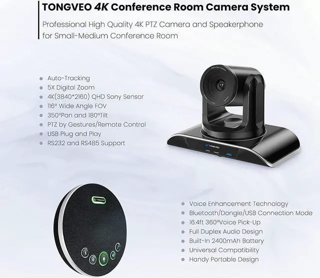 Alt view image 3 of 7 - 4K Conference Room Camera System, AI Auto-Tracking PTZ Camera 5X Digital Zoom with Wireless Bluetooth Speakerphone Set USB 124-Degree Wide-Angle for Zoom Skype Teams OBS and More