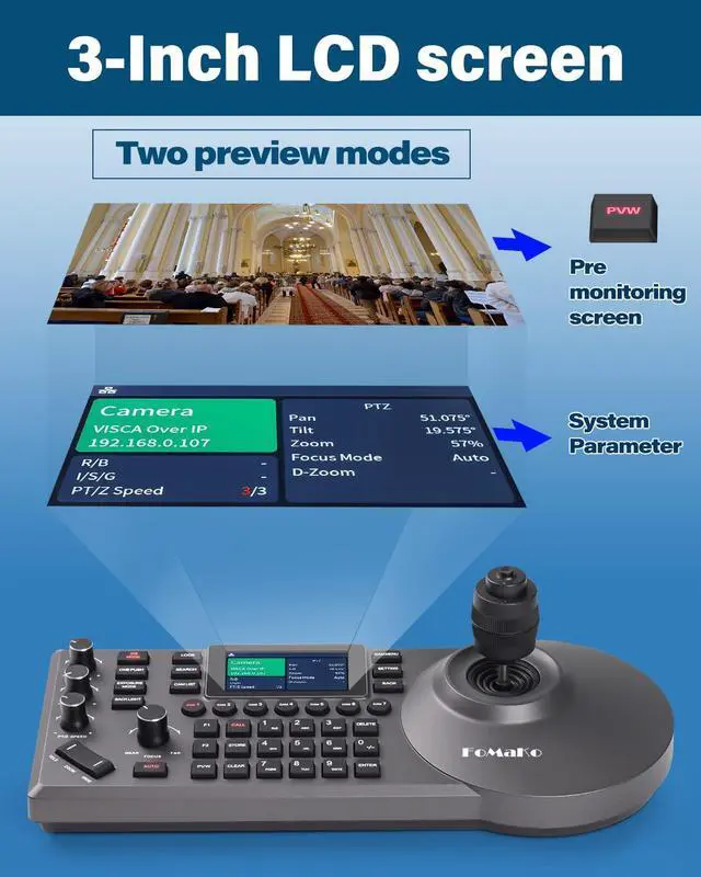 Alt view image 5 of 7 - FoMaKo PTZ Controller PoE NDI Camera Controller Built-in 3-inch LCD Screen 4D Joystick PTZ Controller for Church Live Service Education, Visca PELCO D/P RS232 RS485, Black (FoMaKo KC608 Pro)