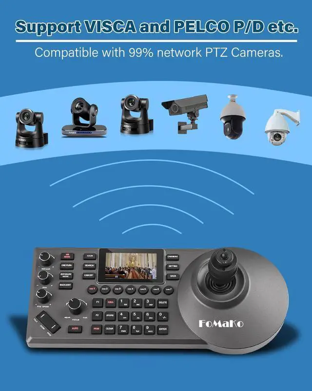 Alt view image 7 of 7 - FoMaKo PTZ Controller PoE NDI Camera Controller Built-in 3-inch LCD Screen 4D Joystick PTZ Controller for Church Live Service Education, Visca PELCO D/P RS232 RS485, Black (FoMaKo KC608 Pro)