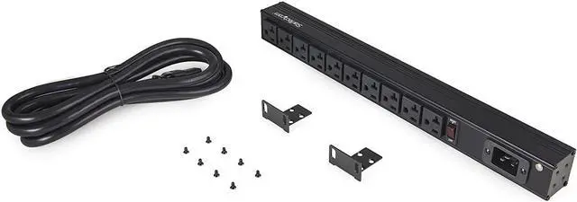 Alt view image 2 of 3 - 10 Outlet Rack Mount Power Strip 125V/16 Amp - 1U Horizontal 19" Rackmount PDU - NEMA 5-20P Input - 10x NEMA 5-15/20R Outlets - Rack Mount PDU - UL Listed - 8ft Power Cord (RKPW101920)