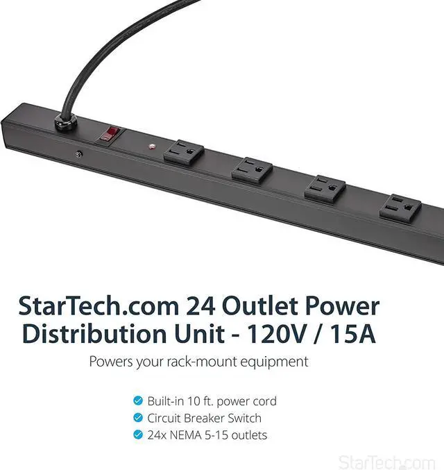 Alt view image 2 of 6 - 24 Outlet 120V 15A Rackmount Power Strip - Power distribution strip (rack-mountable) - output connectors: 24 - 10 ft - RKPW247015,Black