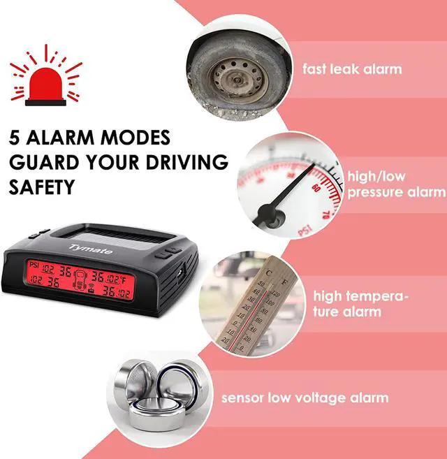 Alt view image 3 of 7 - Tire Pressure Monitoring System - M7-3 TPMS Tire Pressure Monitor System with Solar Charger, TPMS w/ 5 Alarm Modes, LCD Display, Auto Sleep Mode, 4 TPMS Sensors, Easy to Install (0-87 PSI)