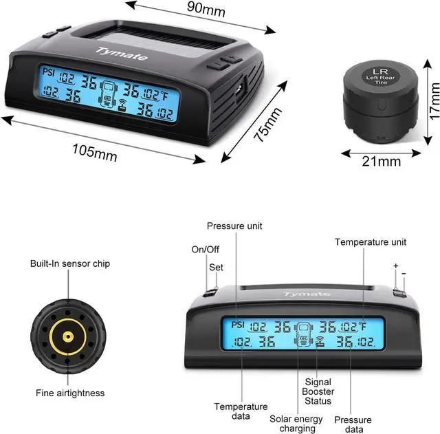 Alt view image 7 of 7 - Tire Pressure Monitoring System - M7-3 TPMS Tire Pressure Monitor System with Solar Charger, TPMS w/ 5 Alarm Modes, LCD Display, Auto Sleep Mode, 4 TPMS Sensors, Easy to Install (0-87 PSI)