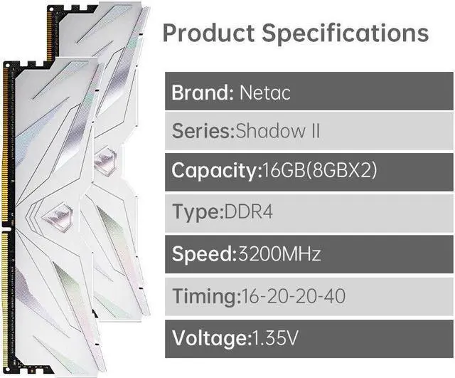 Alt view image 2 of 7 - Netac DDR4 16GB 2x8GB DDR4 3200MHz CL16 UDIMM 2PK DRAM PC4-25600 White