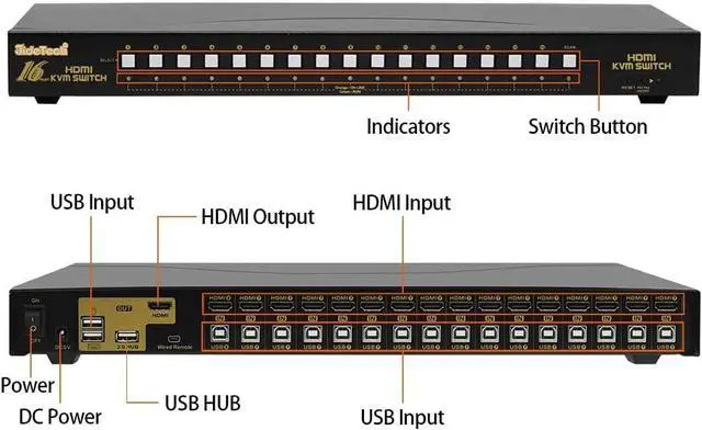 Alt view image 2 of 7 - HDMI USB KVM Switch 16 Port Up to 4K@30Hz Resolution with USB 2.0 Hub Support Hotkey Mouse Switching for Linux, Windows, Mac, Unix