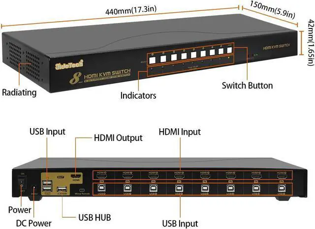 Alt view image 2 of 7 - HDMI USB KVM Switch 8 Port Up to 4K@30Hz Resolution with USB 2.0 Hub Support Hotkey Mouse Switching for Linux, Windows, Mac, Unix