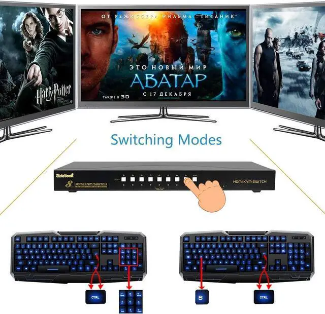 Alt view image 6 of 7 - HDMI USB KVM Switch 8 Port Up to 4K@30Hz Resolution with USB 2.0 Hub Support Hotkey Mouse Switching for Linux, Windows, Mac, Unix