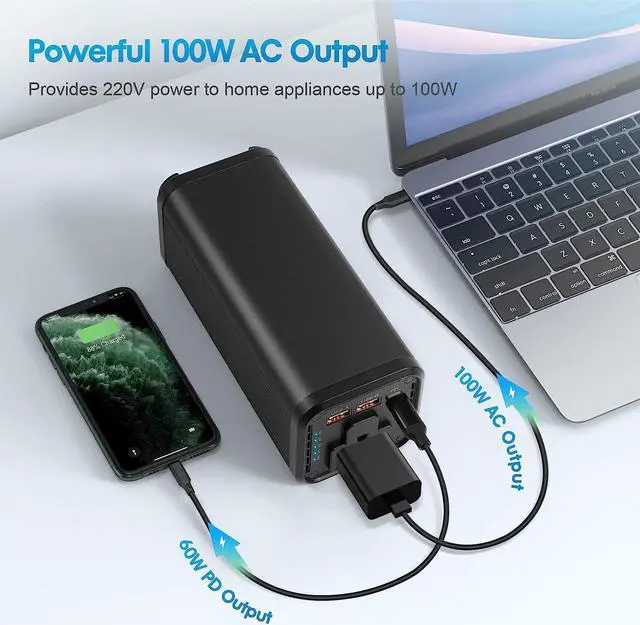 Alt view image 3 of 7 - Portable Laptop Power Bank, Universal 98Wh/27000mAh 100W AC Outlet with 60W PD USB C Portable Charger, External Battery Pack for MacBook, Notebooks, Laptops,N2