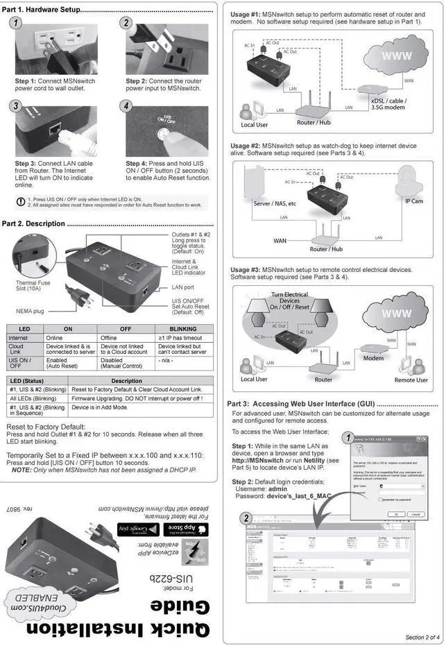 Alt view image 7 of 7 - MSNSwitch Internet Enabled IP Remote Power Switch with Reboot - Control via Smartphone App, Cloud Service, Web Browser, Skype or Hangouts - 2 Independent AC Power Outlets (Model UIS-622b)