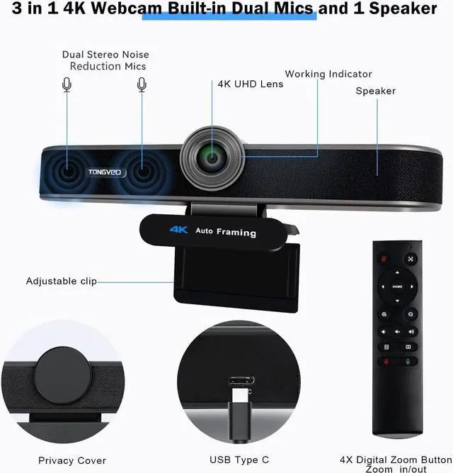Alt view image 2 of 7 - Zoomable 4K Webcam with Microphones and Speaker, 4X Digital Zoom ePTZ Video Conference Web Camera with Remote and Privacy Cover AI Auto Framing Streaming Webcam for Zoom,Skype