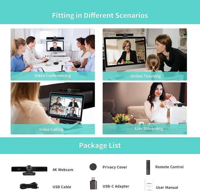Alt view image 6 of 7 - Zoomable 4K Webcam with Microphones and Speaker, 4X Digital Zoom ePTZ Video Conference Web Camera with Remote and Privacy Cover AI Auto Framing Streaming Webcam for Zoom,Skype