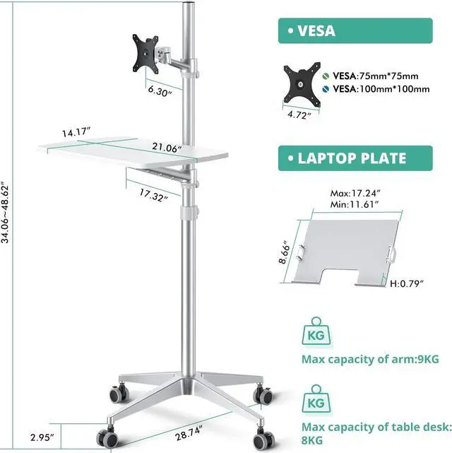Alt view image 4 of 7 - Mobile Desk,Mobile Workstation,Mulitiuse Rolling Laptop Floor Stand,34"-48.6" Height Adjustable,Compatible with 17"-27"Monitor&12"-17"Laptop,21"×14" Desk Board,Maxload 17.6lbs,4 Lockable Wheels