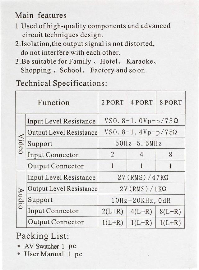 Alt view image 7 of 7 - 8Way AV Switch - 8 Input 1 Output RCA Selector Switch for Composite Audio and Video - Switcher Box - Includes RCA Composite Cable (Black)