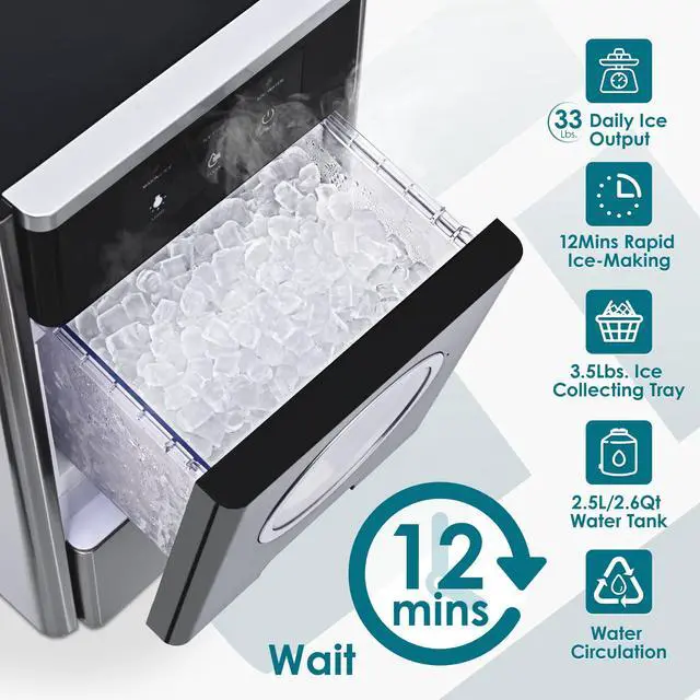 Alt view image 3 of 7 - Nugget Ice Makers Countertop, Max 33lbs/24H, 2 Ways Water Refill, LED Light, Self-Cleaning Pebble Ice Maker with Basket and Scoop, for Home/Kitchen/Camping/RV. (Black Silver)
