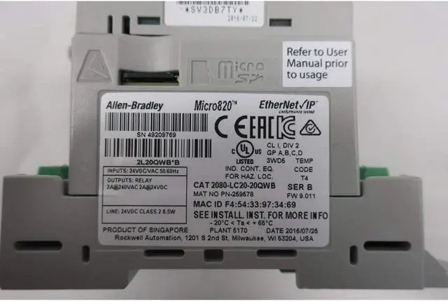 Alt view image 6 of 6 - ALLEN BRADLEY 2080-LC20-20QWB MICRO820 PROGRAMMABLE Controller SER B D665091 I/O ENET/IP