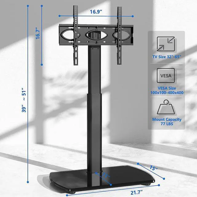 Alt view image 4 of 7 - Rfiver TV Floor Stand with Swivel Mount, Universal for 32-65 Inch LCD LED Flat Screens, Black Height Adjustable Space Saving Corner TV Stand for Home Office with Wire Management, VESA 400x400 mm