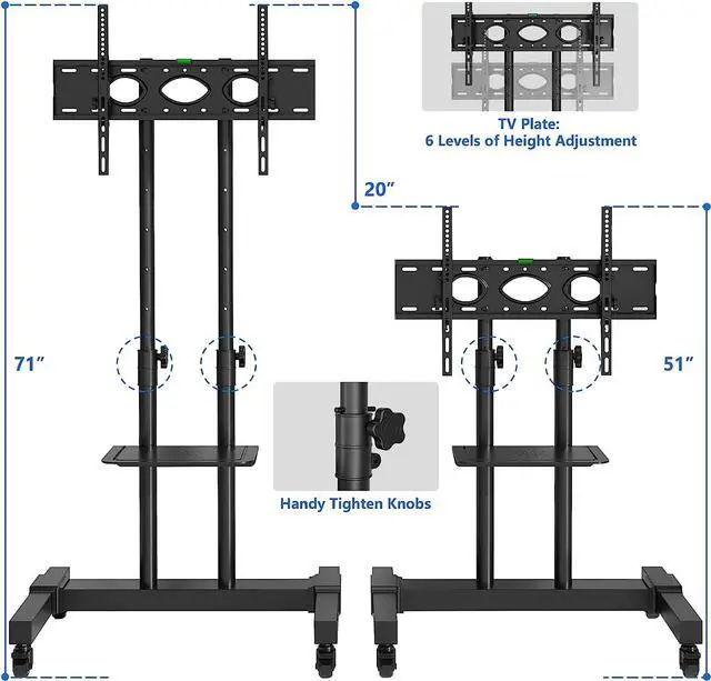 Alt view image 3 of 7 - Rfiver Mobile TV Stand Rolling Cart with Tilt Mount/Locking Wheels for 40-83 Inch Flat Screen/Curved TVs up to 110lbs, Portable Floor Stand with Laptop Shelf, Height Adjustable, Extra Tall