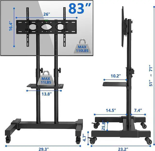 Alt view image 2 of 7 - Rfiver Mobile TV Stand Rolling Cart with Tilt Mount/Locking Wheels for 40-83 Inch Flat Screen/Curved TVs up to 110lbs, Portable Floor Stand with Laptop Shelf, Height Adjustable, Extra Tall