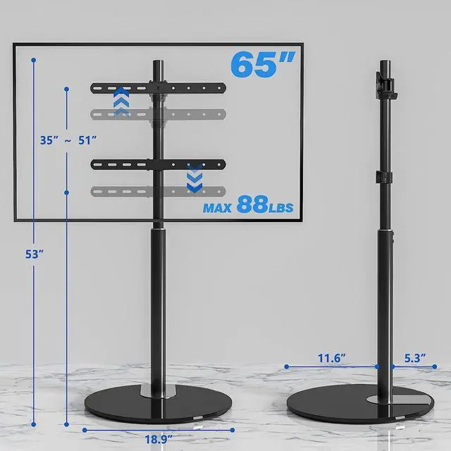 Alt view image 3 of 7 - Rfiver Swivel Floor TV Stand with 90 Degree Swivel for 32-65 inch LCD LED TV, Modern Simple Design Black Corner TV Floor Stand with Round Glass Base, VESA 400x400 mm