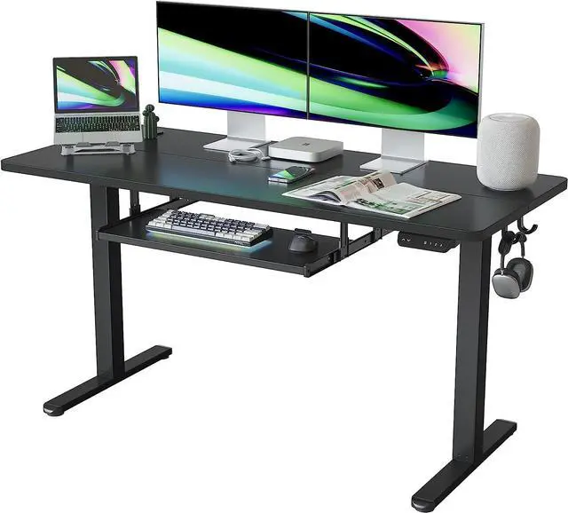 Main image of FEZIBO 55-Inch Large Height Adjustable Electric Standing Desk with Keyboard Tray, 55 x 24 Inches Sit Stand up Desk with Splice Board, Black Frame/Black Top