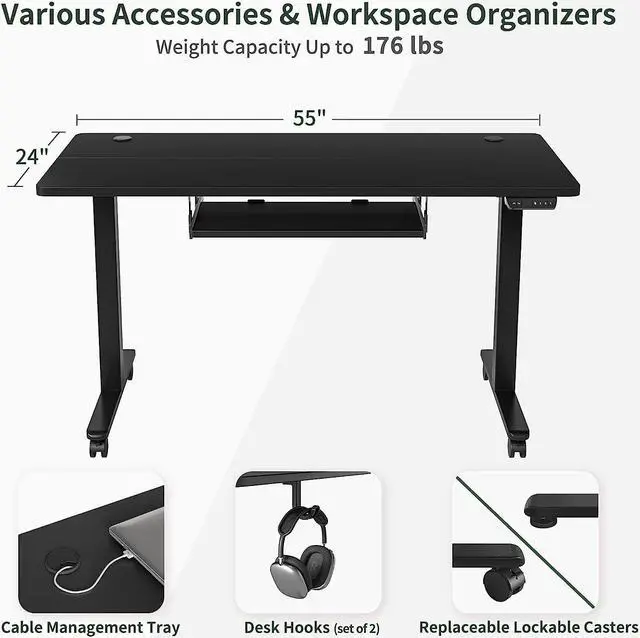 Alt view image 5 of 7 - FEZIBO 55-Inch Large Height Adjustable Electric Standing Desk with Keyboard Tray, 55 x 24 Inches Sit Stand up Desk with Splice Board, Black Frame/Black Top