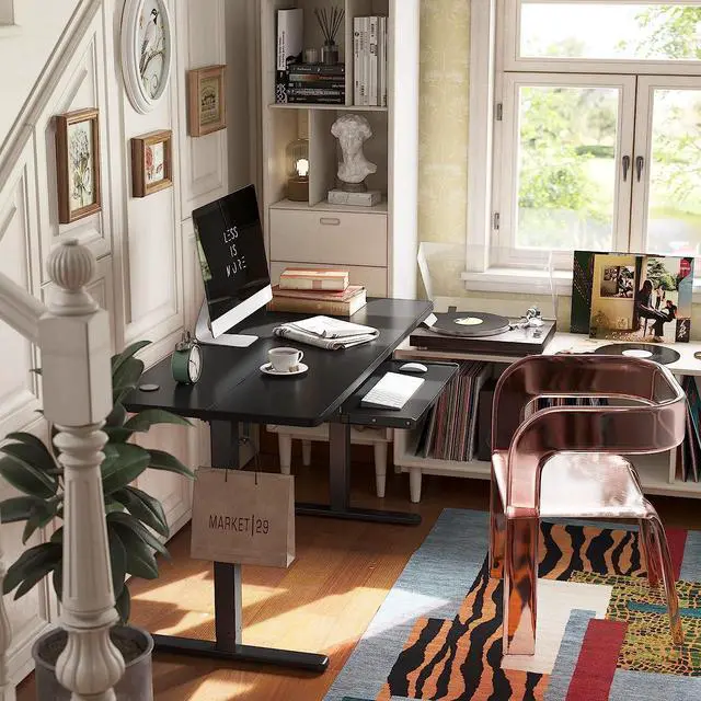 Alt view image 2 of 7 - FEZIBO 55-Inch Large Height Adjustable Electric Standing Desk with Keyboard Tray, 55 x 24 Inches Sit Stand up Desk with Splice Board, Black Frame/Black Top