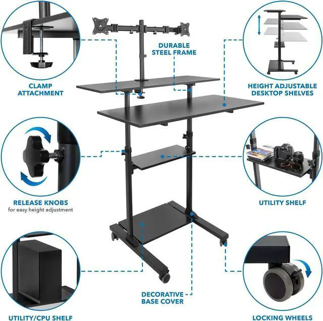 Alt view image 3 of 7 - Mount-It! Mobile Standing Desk with Dual Monitor Mount - 40 Inch Wide Height Adjustable Rolling Computer Workstation with Four Wheels,