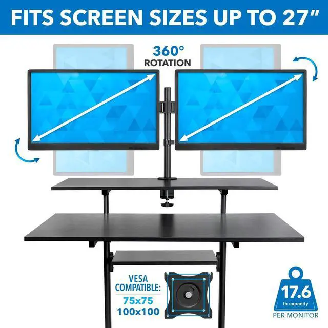 Alt view image 4 of 7 - Mount-It! Mobile Standing Desk with Dual Monitor Mount - 40 Inch Wide Height Adjustable Rolling Computer Workstation with Four Wheels,
