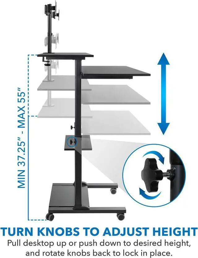 Alt view image 5 of 7 - Mount-It! Mobile Standing Desk with Dual Monitor Mount - 40 Inch Wide Height Adjustable Rolling Computer Workstation with Four Wheels,