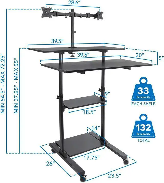 Alt view image 7 of 7 - Mount-It! Mobile Standing Desk with Dual Monitor Mount - 40 Inch Wide Height Adjustable Rolling Computer Workstation with Four Wheels,