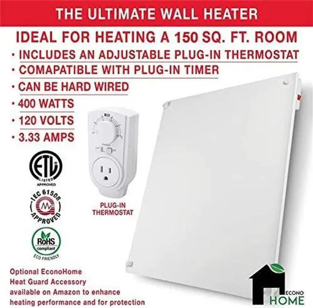 Alt view image 2 of 7 - Wall Mount Space Heater Panel - with Thermostat - 400 Watt Convection Heater - Ideal for 120 Sq Ft Room - 120V Electric Heater