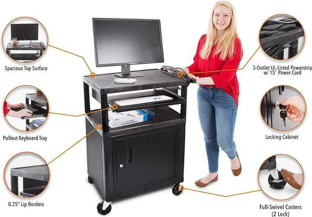 Alt view image 3 of 5 - Line Leader Plastic AV Cart with Keyboard Tray and Locking Cabinet | Mobile Workstation with 4 Rolling Casters and 2 Locking Brakes Heavy Duty, Holds up to 75 lbs (34 Inch with Cabinet)
