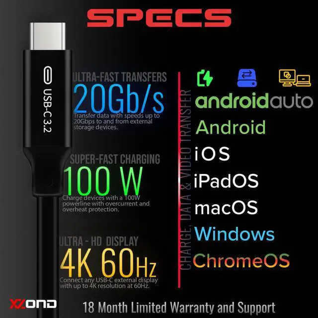 Alt view image 2 of 6 - XZOND USB C 3.2 Gen 2x2 Cable - 20Gbps Data Transfer - 4K 60Hz HDR Monitor Video - 100W PD Charging - Thunderbolt Compatible - Type C 3.3ft - for MacBooks, iPads, PC, Docks, Phones, and Android Auto