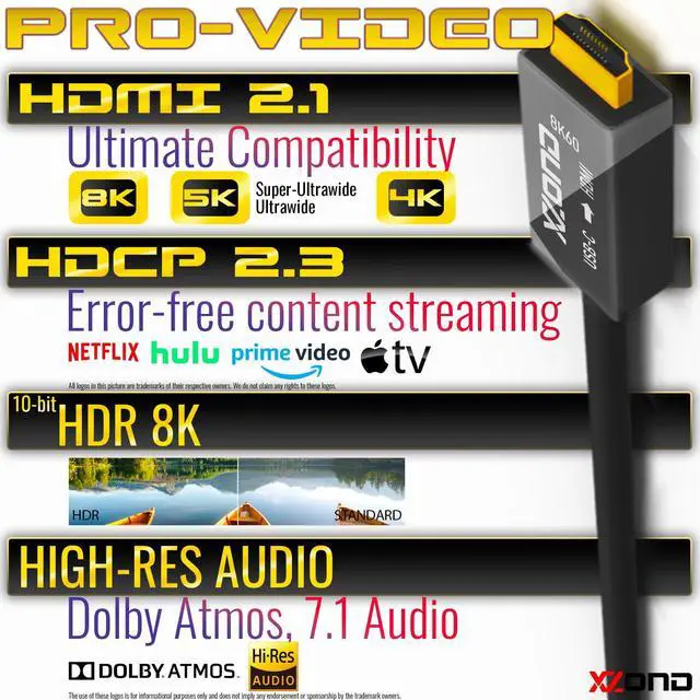 Alt view image 2 of 6 - USB C to HDMI 2.1 Adapter Cable - 8K 60Hz HDR - 4K 120Hz - 1080P 240Hz - 6ft Cable - for MacBooks, PCs, iPads, Projectors, Ultrawide displays, Monitors, TVs  Thunderbolt Compatible