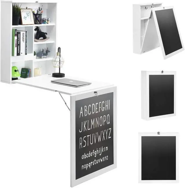 Main image of Folding Floating Desk with Chalkboard, Wall Mounted Space Saving Fold Up Convertible Table with Storage Shelves & Hooks (White) - OEM