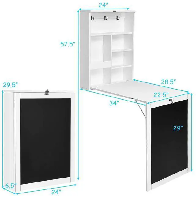 Alt view image 3 of 7 - Folding Floating Desk with Chalkboard, Wall Mounted Space Saving Fold Up Convertible Table with Storage Shelves & Hooks (White) - OEM