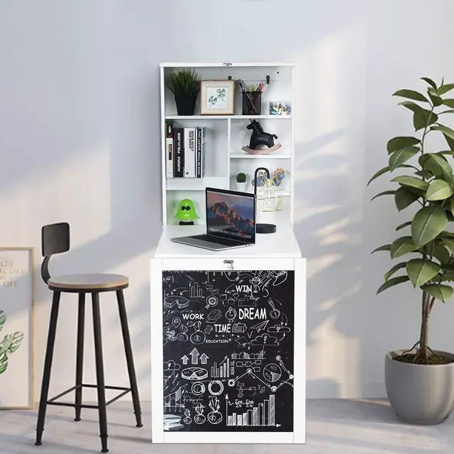 Alt view image 2 of 7 - Folding Floating Desk with Chalkboard, Wall Mounted Space Saving Fold Up Convertible Table with Storage Shelves & Hooks (White) - OEM